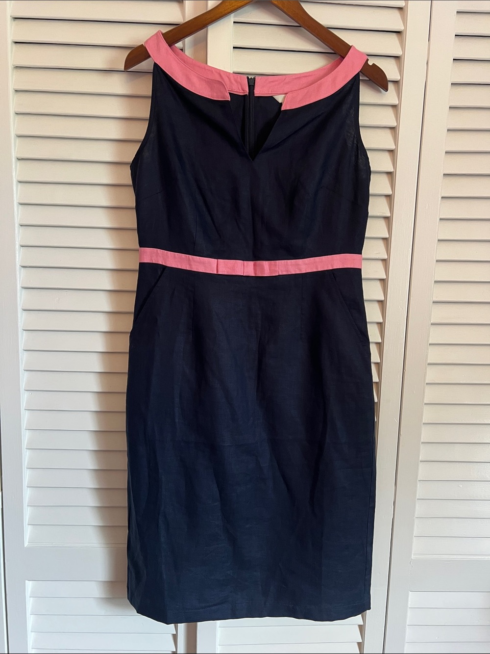 Boden Navy Linen Sheath Dress with Pink Trim